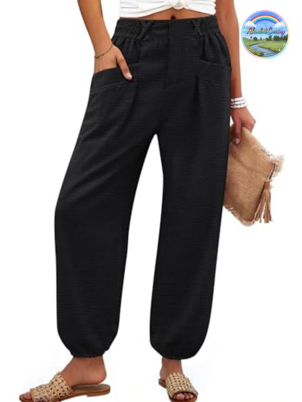 Womens Cropped Harem Pants Elastic Waist Casual Lounge Work Pockets